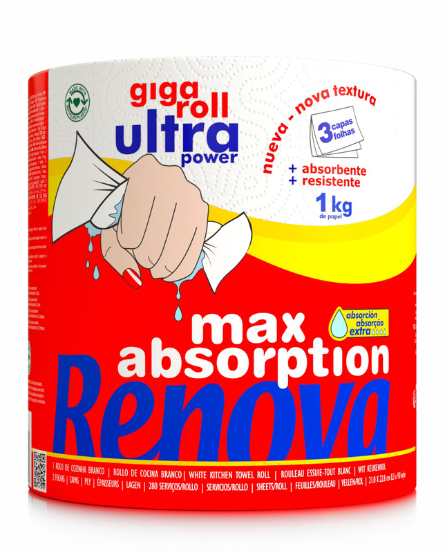 RENOVA MAX ABSORPTION ULTRA POWER GIGAROLL PAPER TOWELS Three-ply multipurpose roll, ideal for all household tasks.